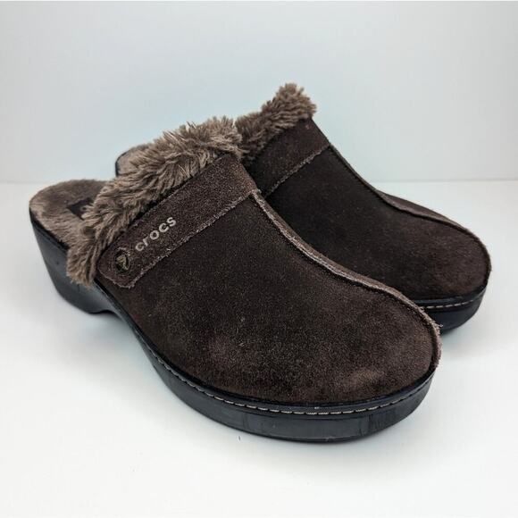 CROCS suede leather mules clogs suede fur lined women's size 11 - Picture 2 of 10